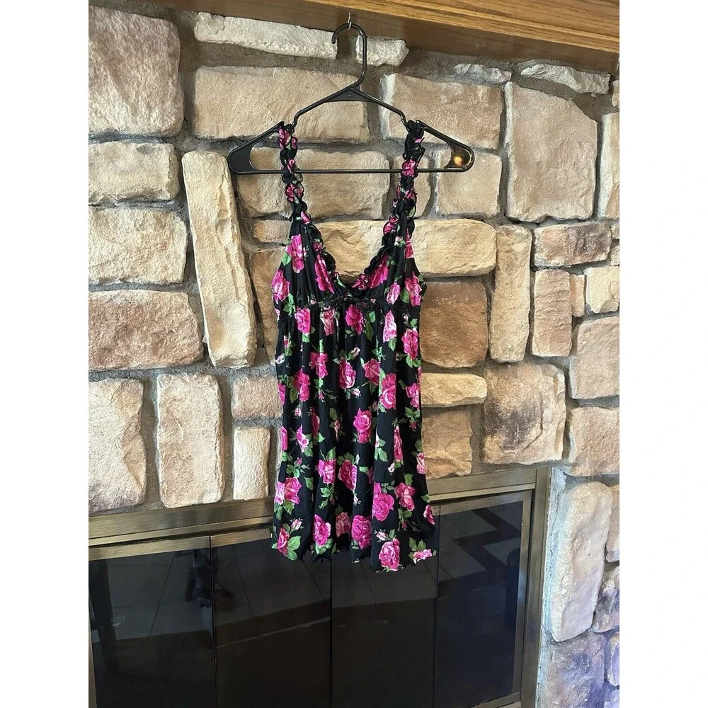Y2K Smart & Sexy Lingerie Black/Pink Rose Babydoll Slip Dress Ruffle Bow Sheer L